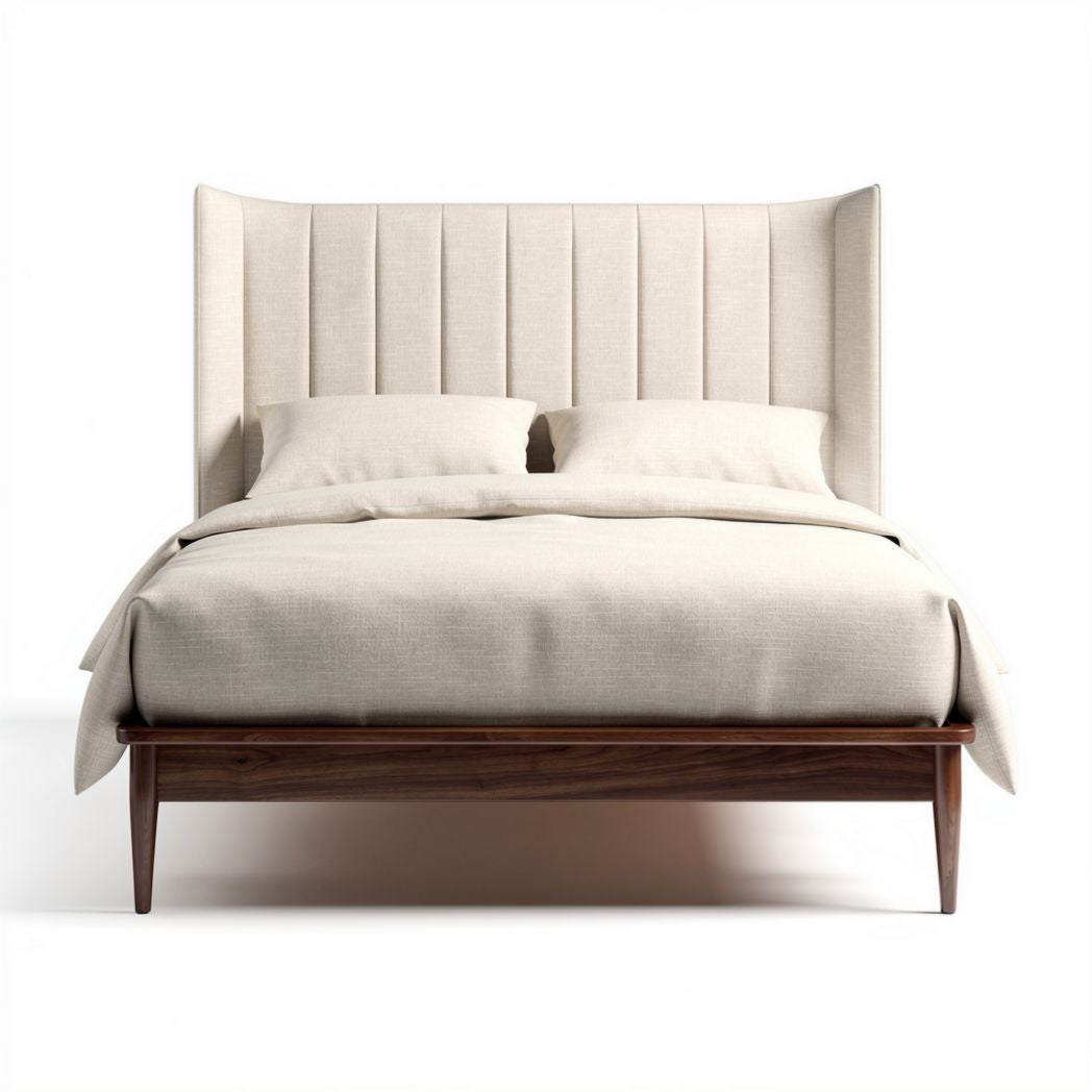 Lit en bois avec tête de lit rembourrée en tissu beige 200 x 160 x 100cm