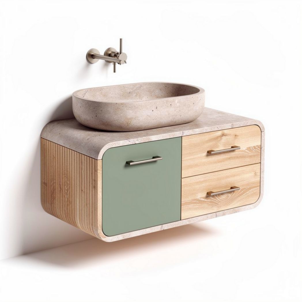 Meuble de salle de bains en bois avec vasque en pierre 80 x 50 x 30cm
