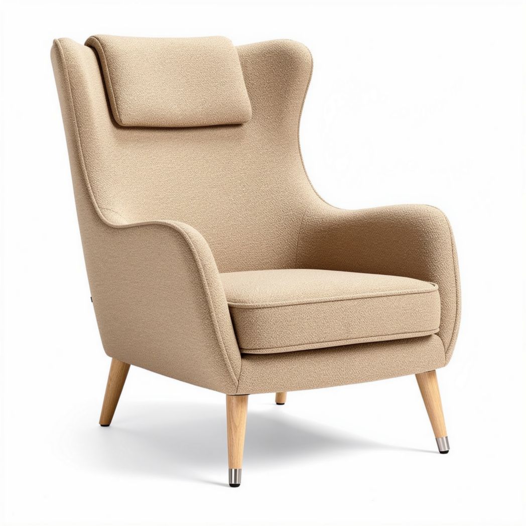 Fauteuil en tissu beige avec support lombaire et pieds en bois 80 x 85 x 100cm