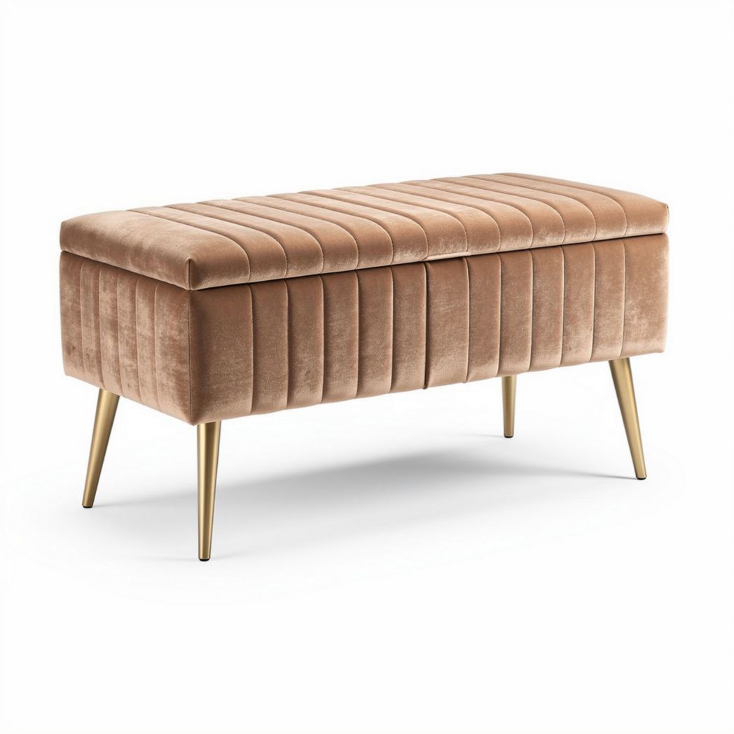 Banc en velours beige 80 x 40 x 45 cm avec pieds en métal doré