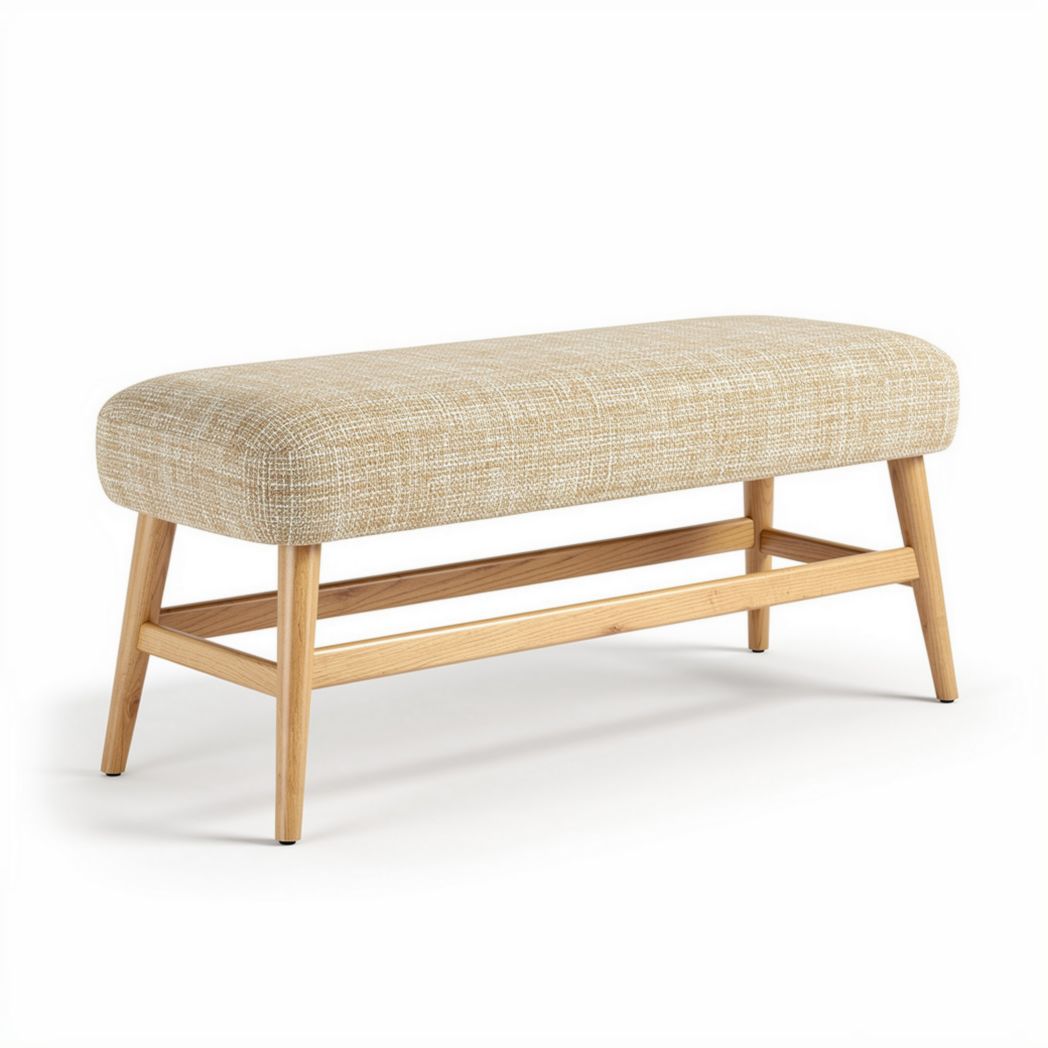 Banc en tissu beige avec pieds en bois 120 x 40 x 45cm pour salon ou entrée