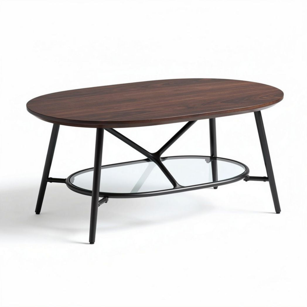 Table basse ovale en bois brun et verre transparent 120 x 60 x 45cm